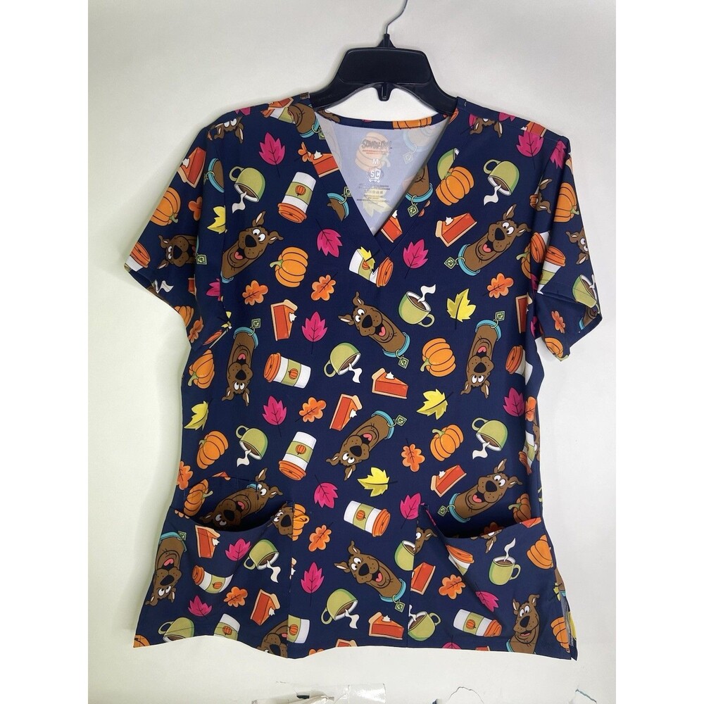 Scooby-Doo Autumn Scrub Top Pumpkin Spice Fall Blue Stretch Womens Size M